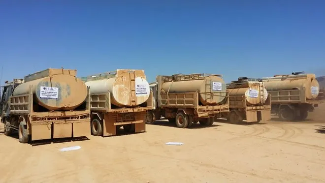 A fleet of HARO-hired water tanker trucks during the Sool drought response, 2017